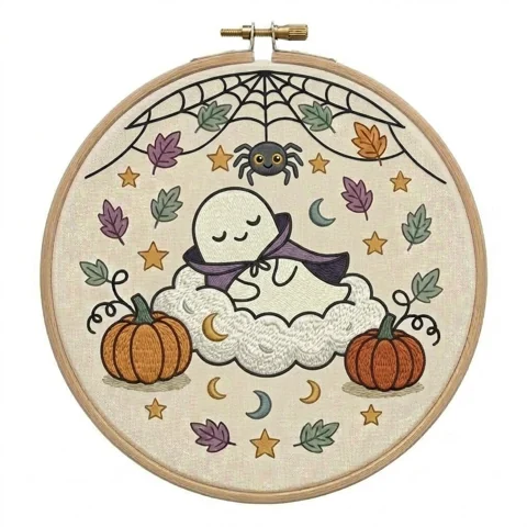 Cloud Ghost Spider Web Autumn Pumpkin Wreath hand embroidery design