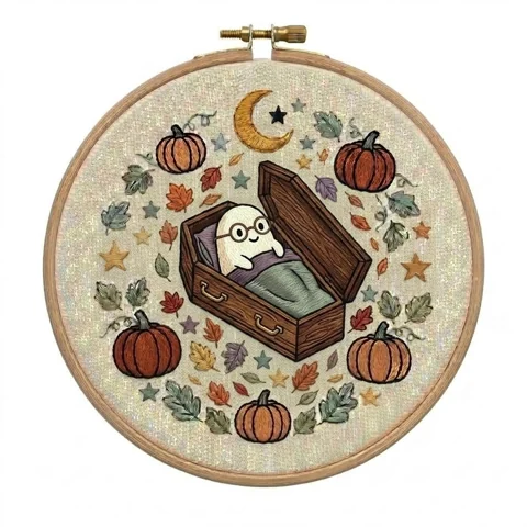 Coffin Ghost Pumpkins Autumn Moon Wreath hand embroidery design