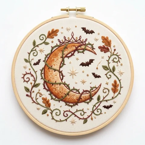 Copper Crescent with Thorn Vines Autumn Leaves and Bats hand embroidery design