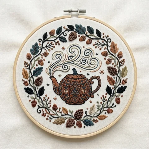 Copper Pumpkin Teapot with Acorns Pinecones and Autumn Wreath hand embroidery design