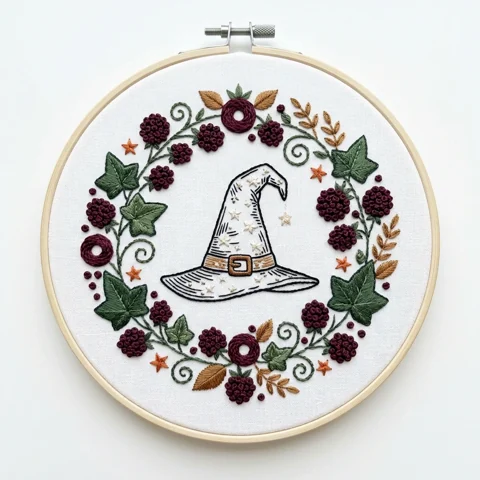 Cream Witch Hat with Ivy Berries and Autumn Botanical Wreath hand embroidery design