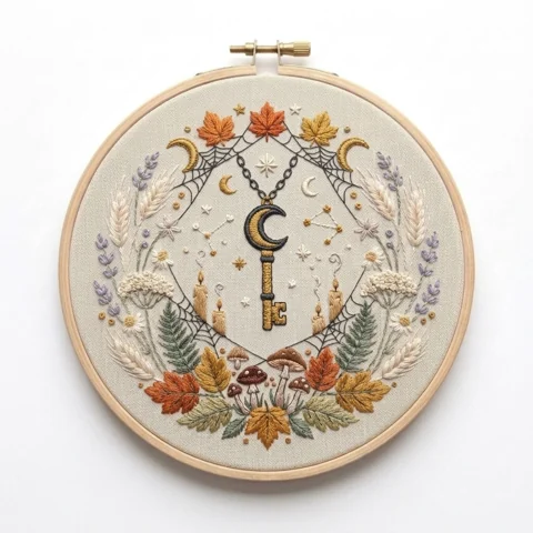 Crescent Key Webs Autumn Botanical Wreath hand embroidery design