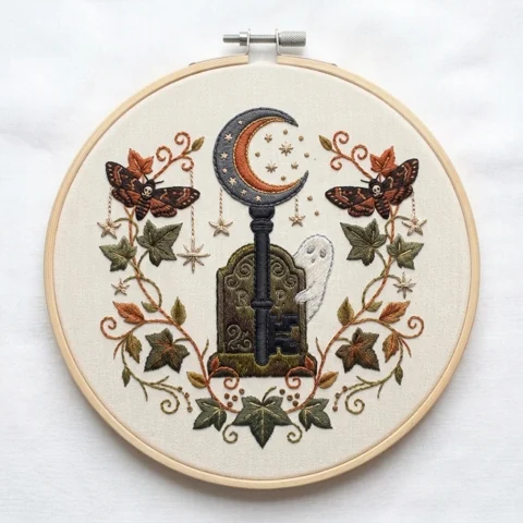 Crescent Key with Deaths Head Moths Ghost and Ivy Wreath hand embroidery design