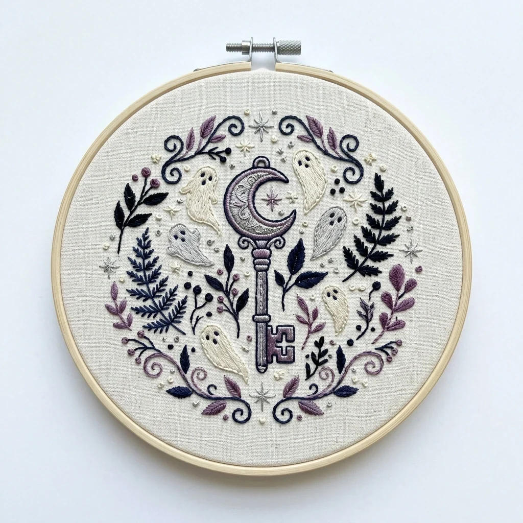 Crescent Key with Ivory Ghosts and Midnight Botanical Wreath colored hand embroidery design