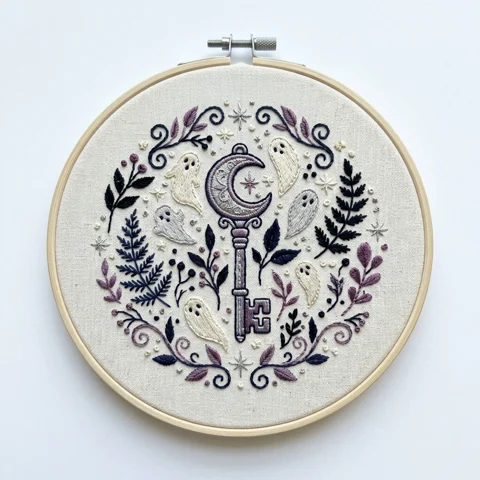 Crescent Key with Ivory Ghosts and Midnight Botanical Wreath hand embroidery design