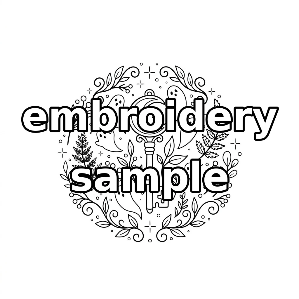 Watermarked Crescent Key with Ivory Ghosts and Midnight Botanical Wreath embroidery outline