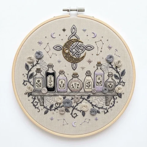 Crescent Knotwork Moon with Seven Potion Bottles Roses and Spiderwebs hand embroidery design