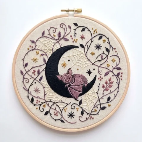 Crescent Moon Bat Thorn Web Wreath hand embroidery design