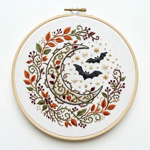 Crescent Moon Bats Autumn Botanical Wreath hand embroidery design