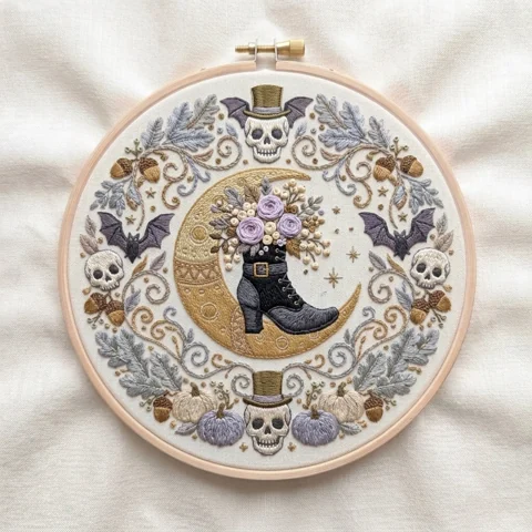 Crescent Moon Boot Skulls Gothic Harvest Wreath hand embroidery design