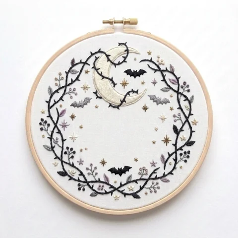 Crescent Moon Four Bats Thorned Botanical Wreath hand embroidery design