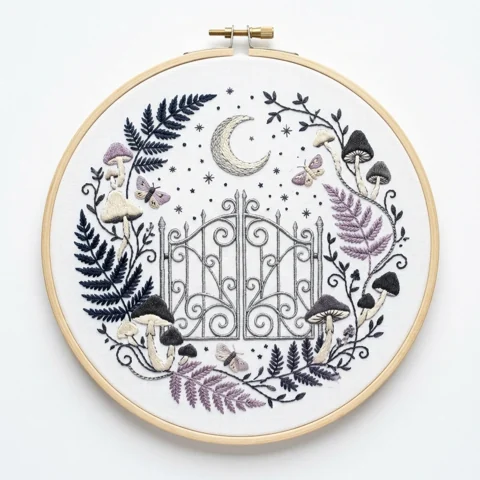 Crescent Moon Gate Mushroom Fern Wreath hand embroidery design
