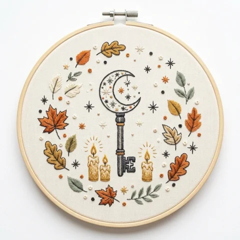 Crescent Moon Key with Candlelight Autumn Leaves and Celestial Stars hand embroidery design