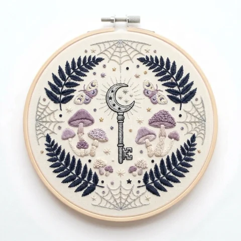 Crescent Moon Key with Moths Mushrooms Ferns and Spiderwebs hand embroidery design