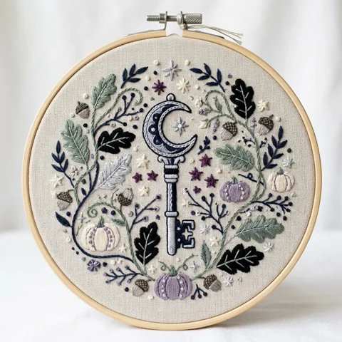 Crescent Moon Key with Oak Leaves Acorns Pumpkins and Celestial Stars hand embroidery design
