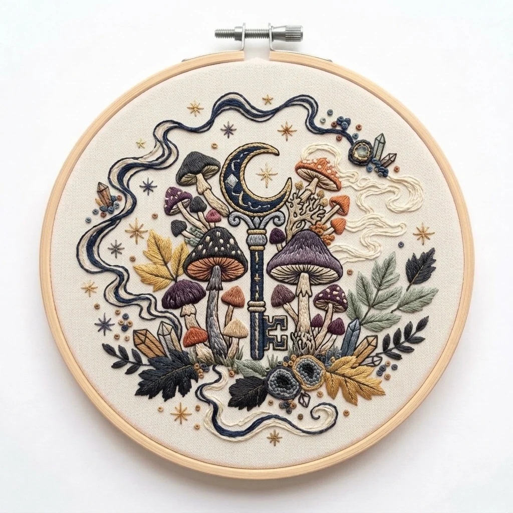 Crescent Moon Key with Woodland Mushrooms Crystals Stars colored hand embroidery design
