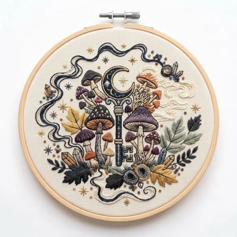 Crescent Moon Key with Woodland Mushrooms Crystals Stars hand embroidery design