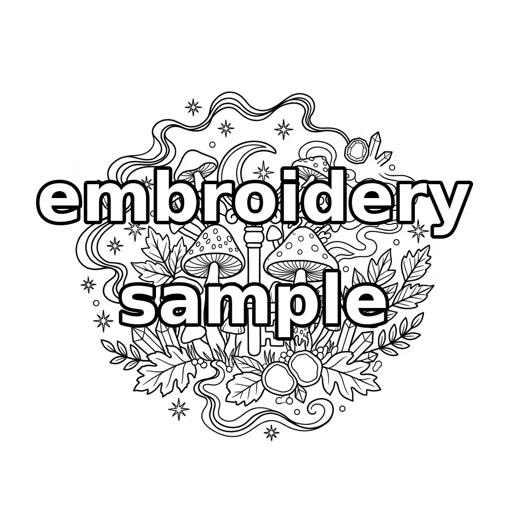 Watermarked Crescent Moon Key with Woodland Mushrooms Crystals Stars embroidery outline