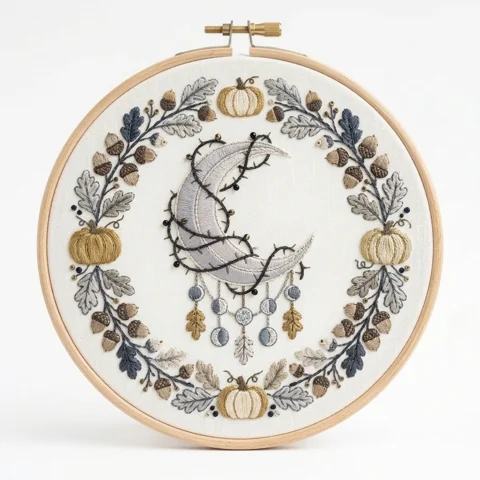 Crescent Moon Oak Wreath Harvest Pumpkins hand embroidery design