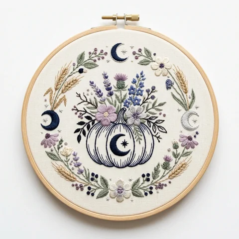 Crescent Moon Pumpkin with Wildflowers Wheat and Botanical Wreath hand embroidery design