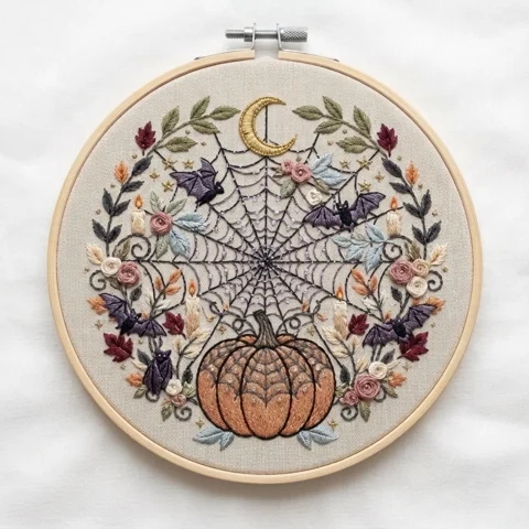 Crescent Moon Spiderweb with Pumpkin Bats and Candlelit Florals hand embroidery design