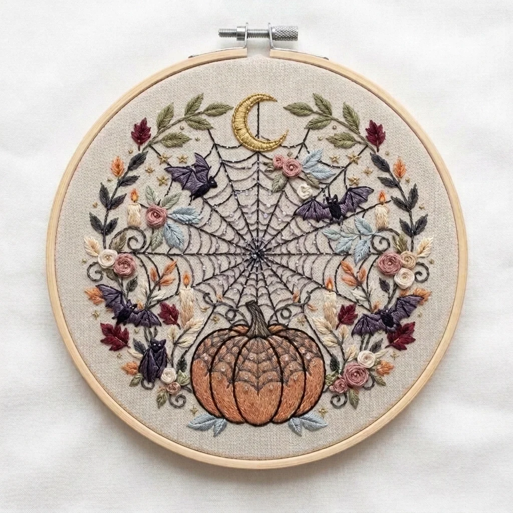 Crescent Moon Spiderweb with Pumpkin Five Bats and Candlelit Florals colored hand embroidery design