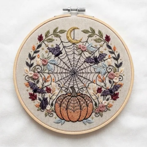 Crescent Moon Spiderweb with Pumpkin Five Bats and Candlelit Florals hand embroidery design
