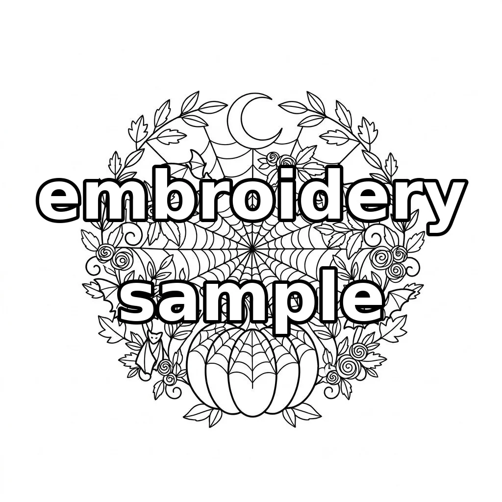 Watermarked Crescent Moon Spiderweb with Pumpkin Five Bats and Candlelit Florals embroidery outline