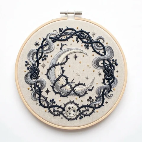Crescent Moon with Thorny Celestial Wreath Silver Smoke Curls hand embroidery design
