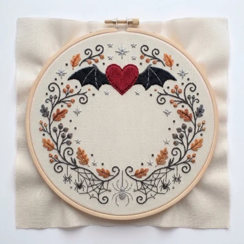 Crimson Bat Heart Spiderweb Autumn Wreath hand embroidery design