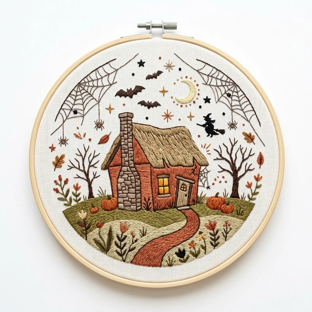 Crooked Autumn Cottage with Spider Webs Bats Witch and Crescent Moon colored hand embroidery design