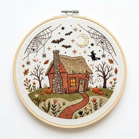 Crooked Autumn Cottage with Spider Webs Bats Witch and Crescent Moon hand embroidery design