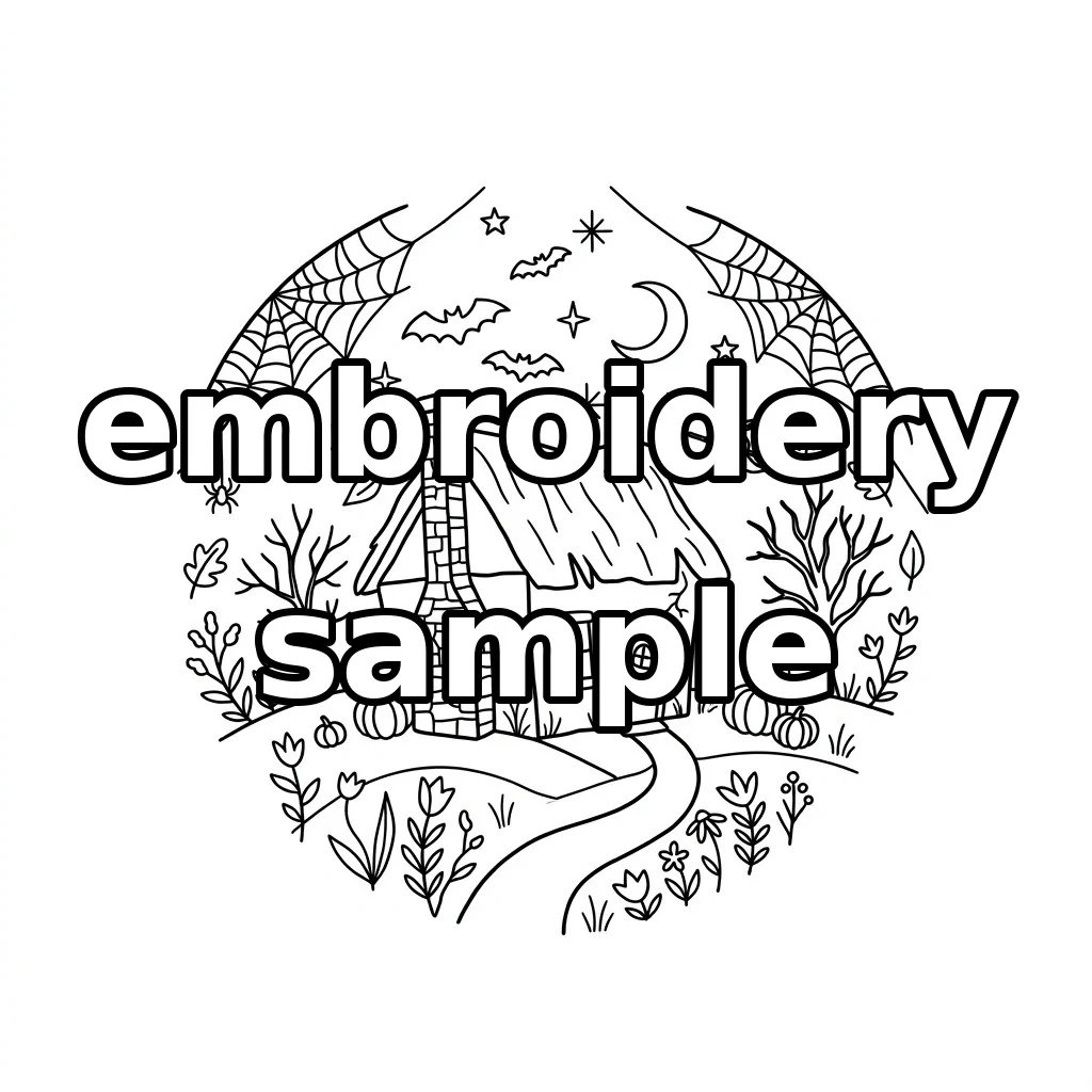 Watermarked Crooked Autumn Cottage with Spider Webs Bats Witch and Crescent Moon embroidery outline