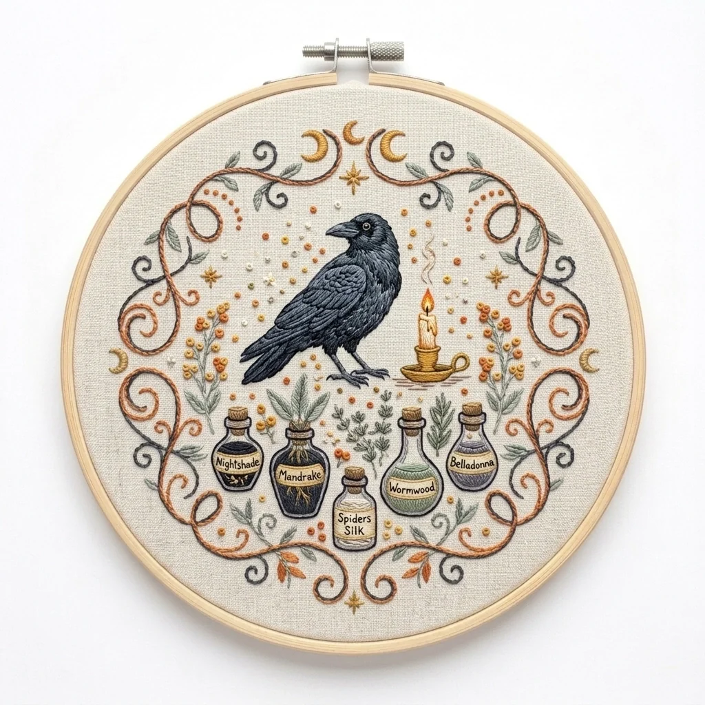 Crow Apothecary Bottles Celestial Vine Wreath colored hand embroidery design