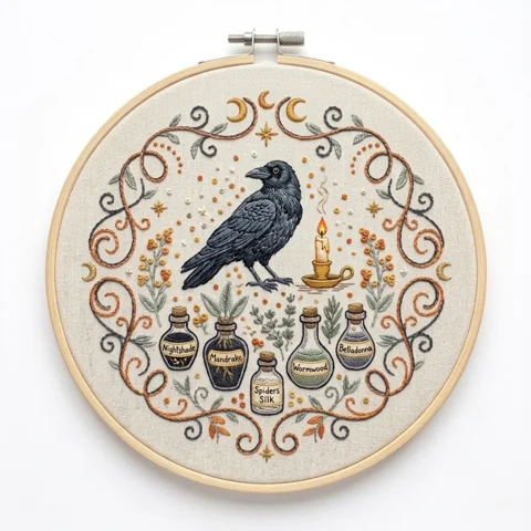 Crow Apothecary Bottles Celestial Vine Wreath hand embroidery design