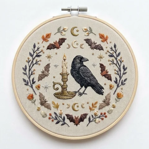 Crow Candle Bat Moon Wreath hand embroidery design