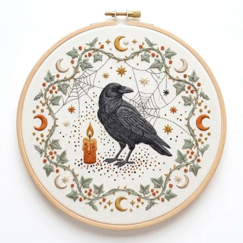Crow Candle Celestial Web Wreath hand embroidery design