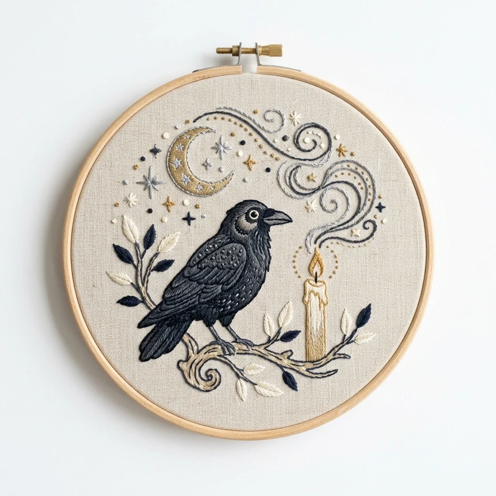Crow Crescent Moon Candlelit Stars colored hand embroidery design