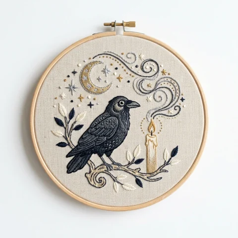 Crow Crescent Moon Candlelit Stars hand embroidery design