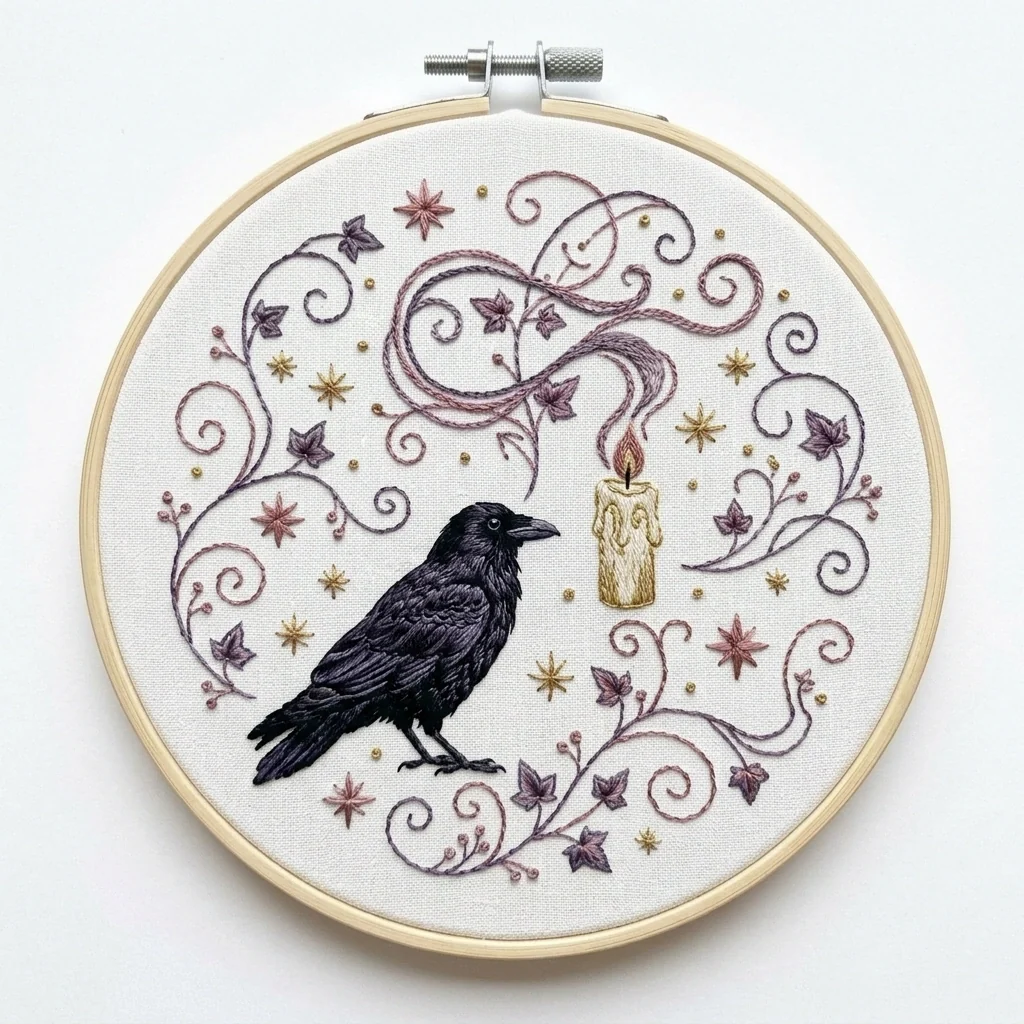 Crow Floating Candle Enchanted Vine Scrollwork colored hand embroidery design