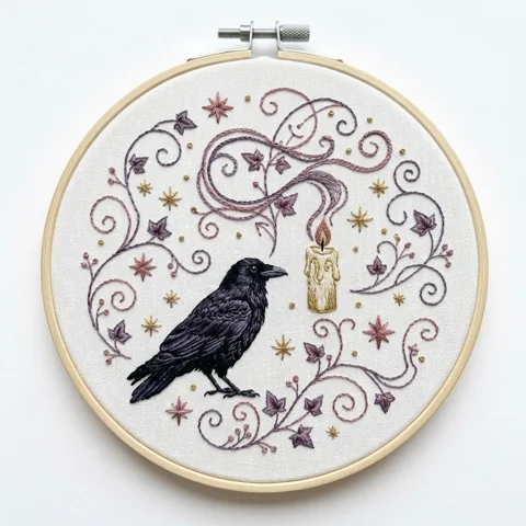 Crow Floating Candle Enchanted Vine Scrollwork hand embroidery design
