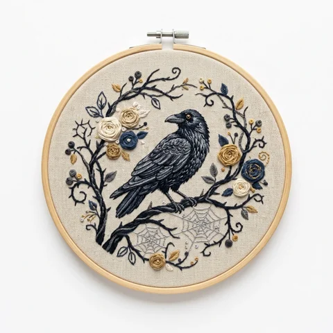 Crow in Thorned Rose Spiderweb Wreath hand embroidery design
