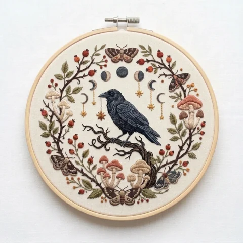 Crow Moon Phases Moths hand embroidery design