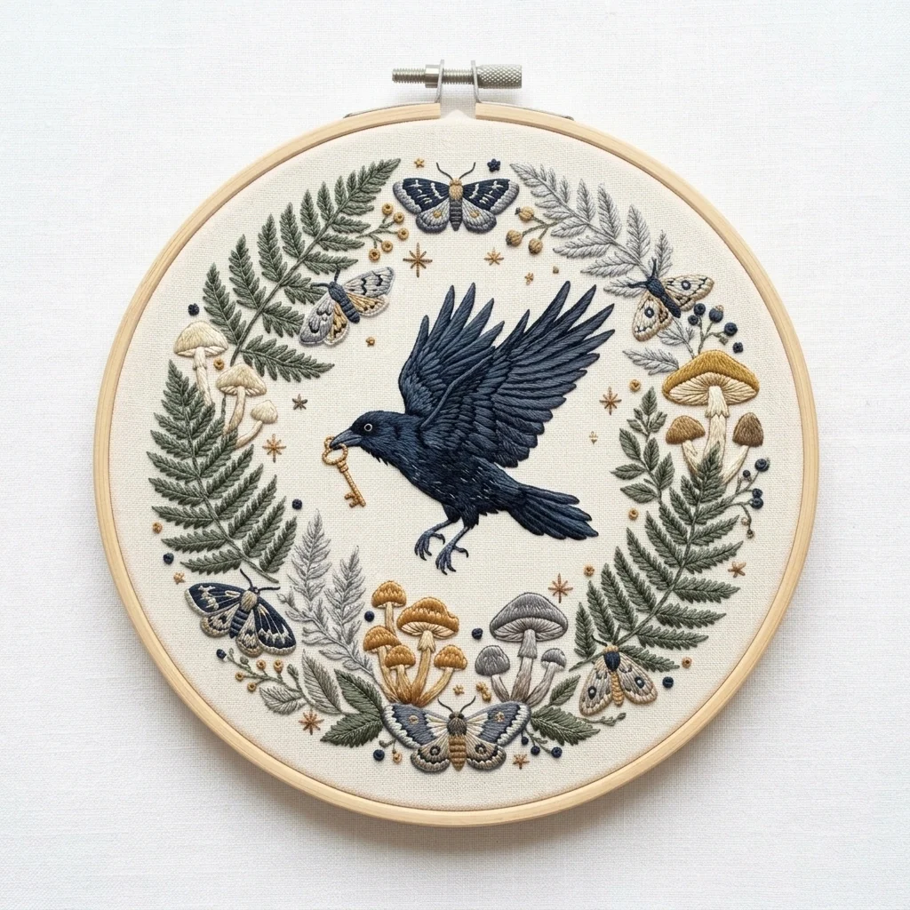 Crow Moths Ferns colored hand embroidery design