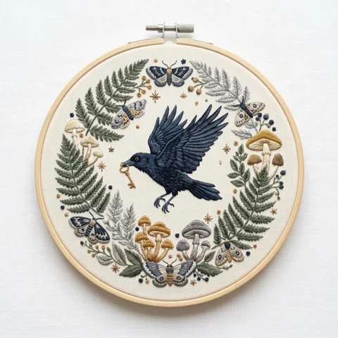 Crow Moths Ferns hand embroidery design