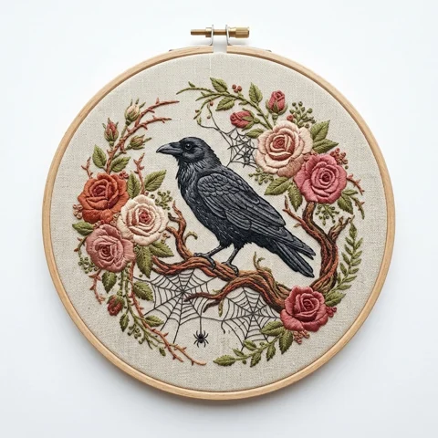 Crow Roses Spiderweb Botanical Wreath hand embroidery design