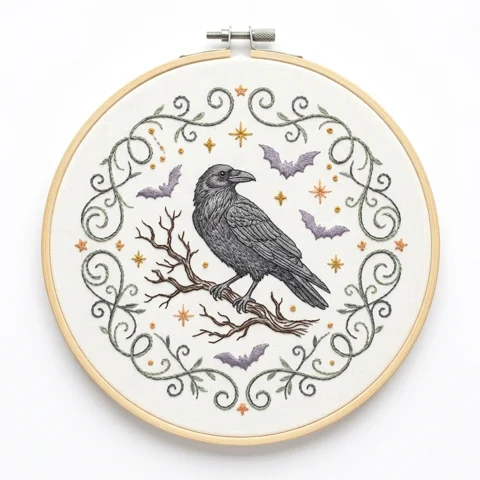 Crow Thorn Branch Enchanted Vine Circle hand embroidery design