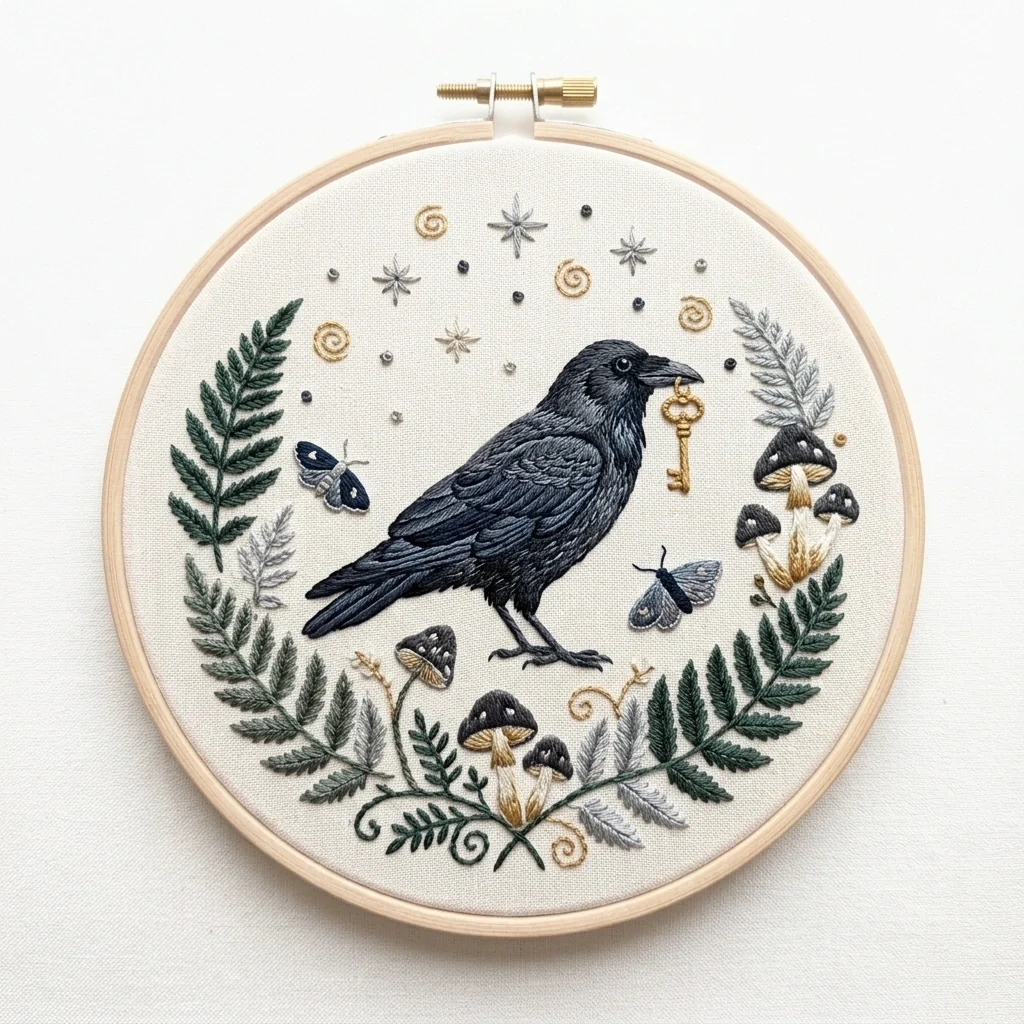 Crow with Golden Key Fern Mushroom Wreath colored hand embroidery design