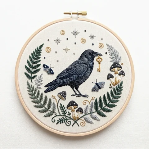 Crow with Golden Key Fern Mushroom Wreath hand embroidery design