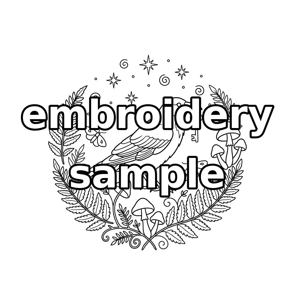 Watermarked Crow with Golden Key Fern Mushroom Wreath embroidery outline
